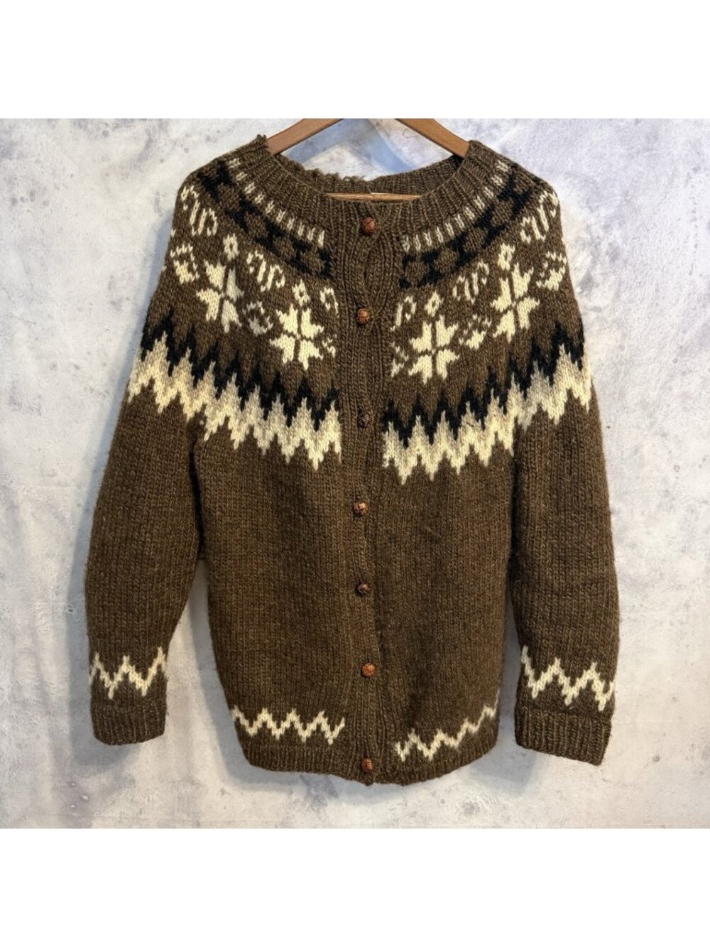 Vintage Handmade By Mother Wool Cardigan Sweater Womens Large L Brown Nordic
